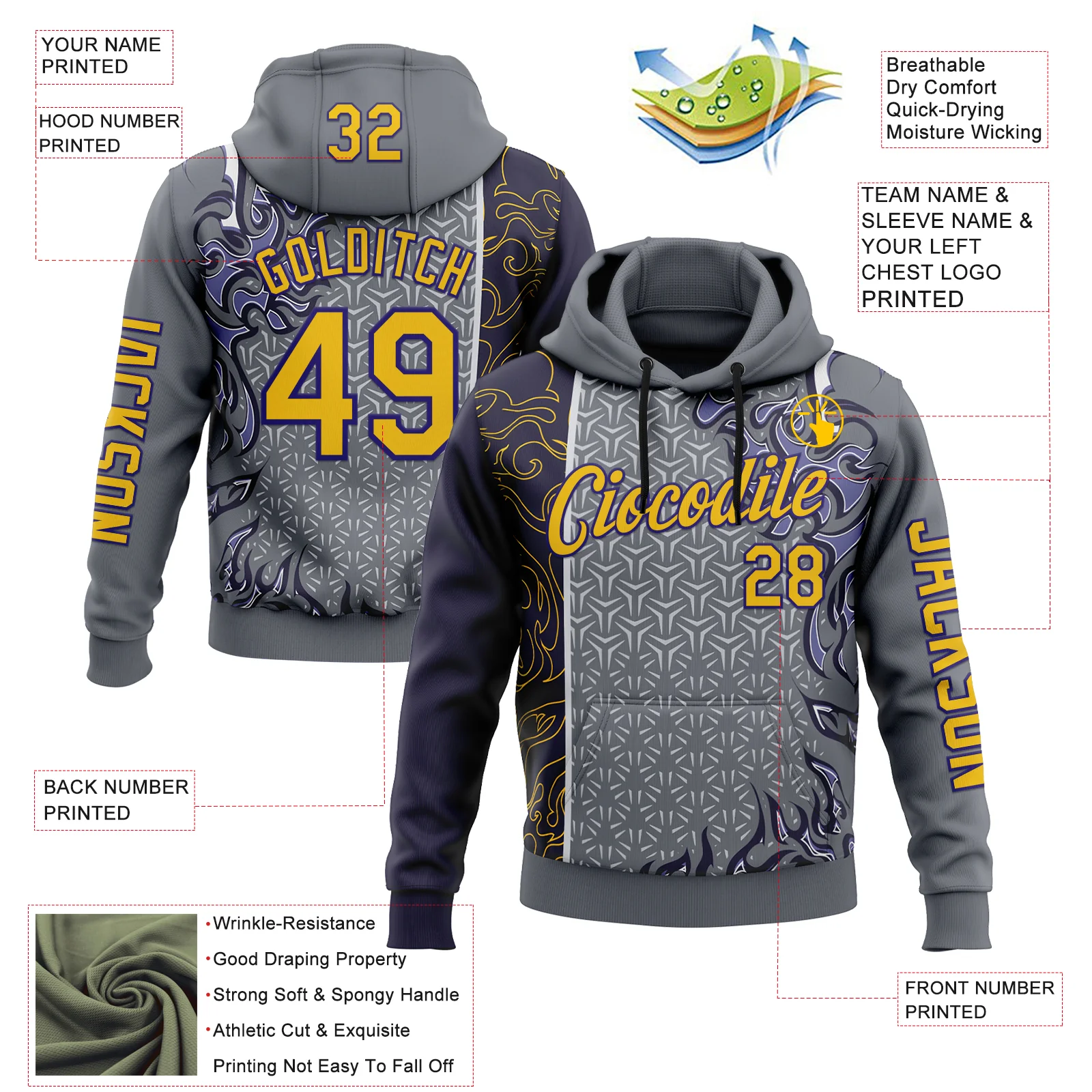 Custom Gray Yellow-Dark Purple 3D Abstract Flame Sports Pullover Sweatshirt Hoodie - Image 2
