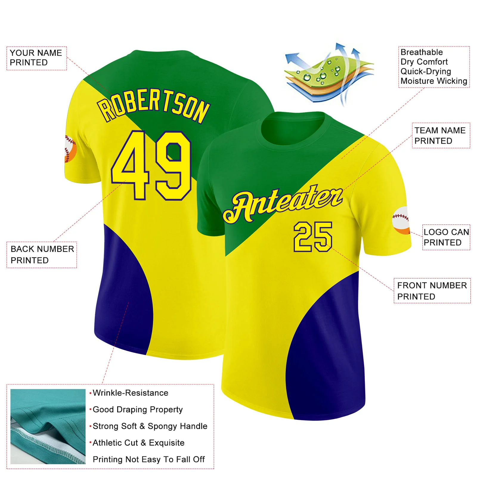 Custom Green Light Yellow-Dark Purple Brazil Color Blocks Soccer Jersey Performance T-Shirt - Image 2