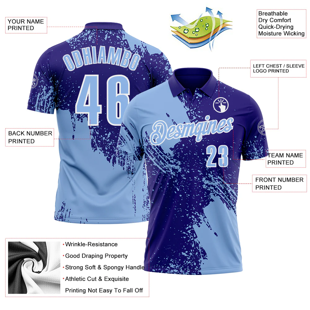 Custom Light Blue Dark Purple-White 3D Pattern Design Abstract Brush Stroke Performance Polo Shirt - Image 3