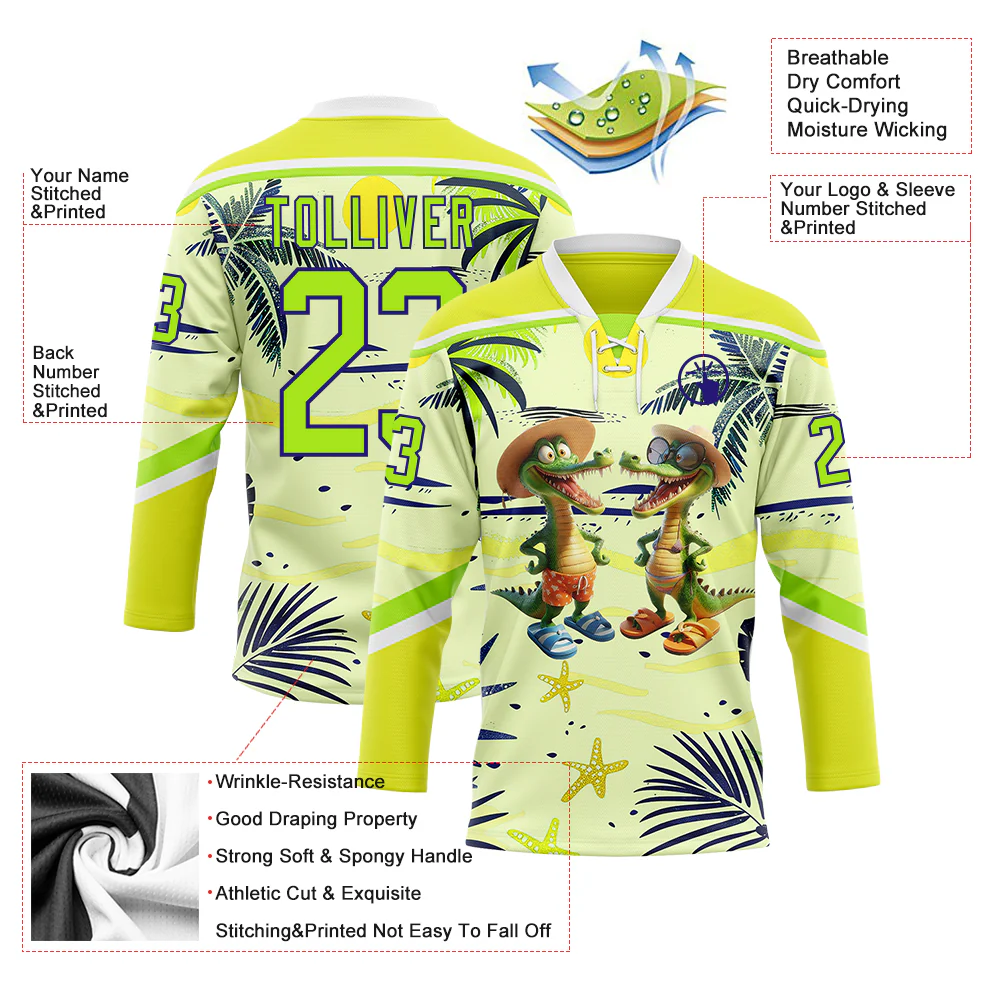 Custom Neon Yellow Neon Green Dark Purple-White Hawaii Tropical Palm Trees Hockey Lace Neck Jersey - Image 4