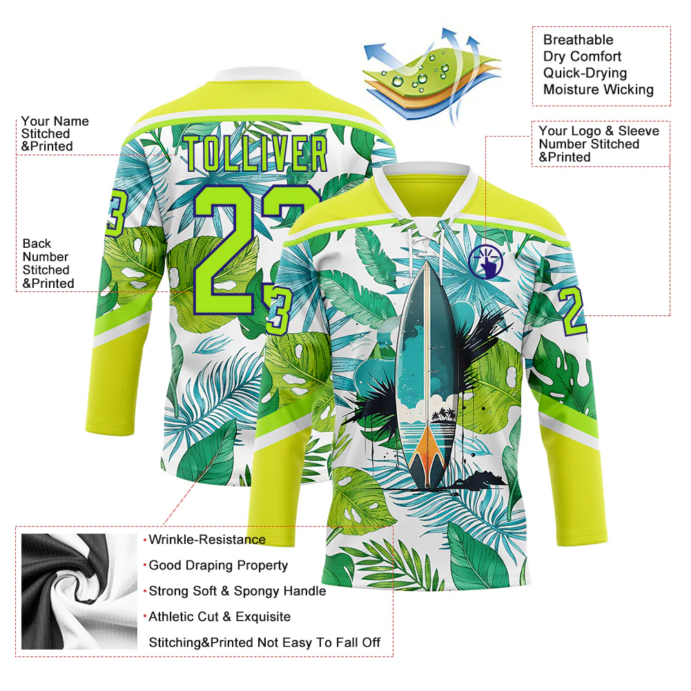 Custom Neon Yellow Neon Green Dark Purple-White Hawaii Tropical Palm Trees Hockey Lace Neck Jersey - Image 4