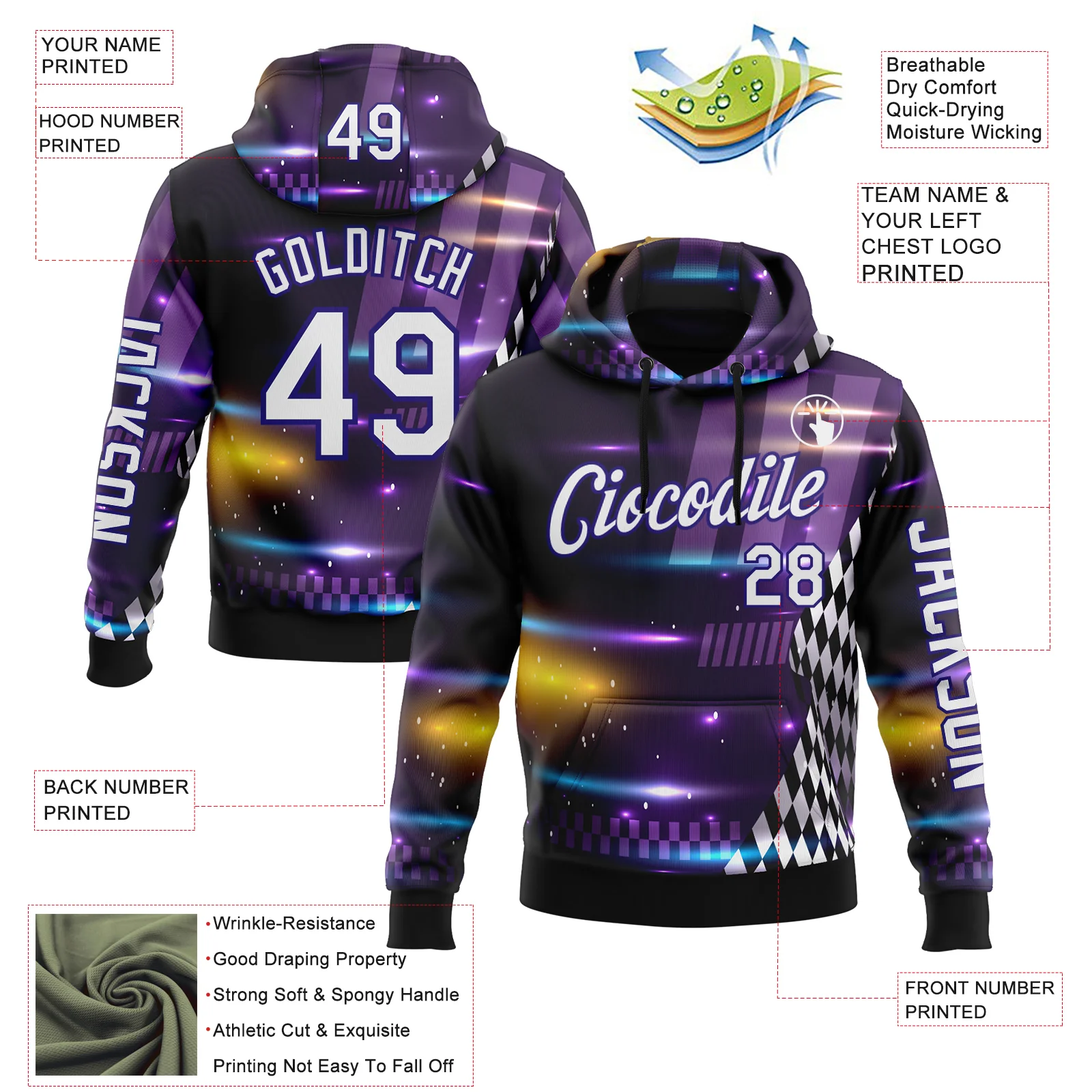 Custom Purple White Dark Purple-Black 3D Pattern Design Formula Auto Car Racing Motorsport Sports Pullover Sweatshirt Hoodie - Image 2