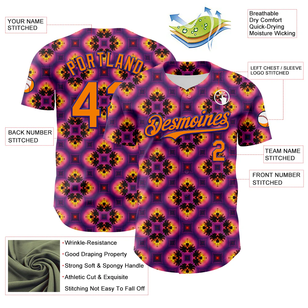 Custom Purple Bay Orange-Dark Purple 3D Pattern Design Rave Psychedelic Flower Authentic Baseball Jersey - Image 3