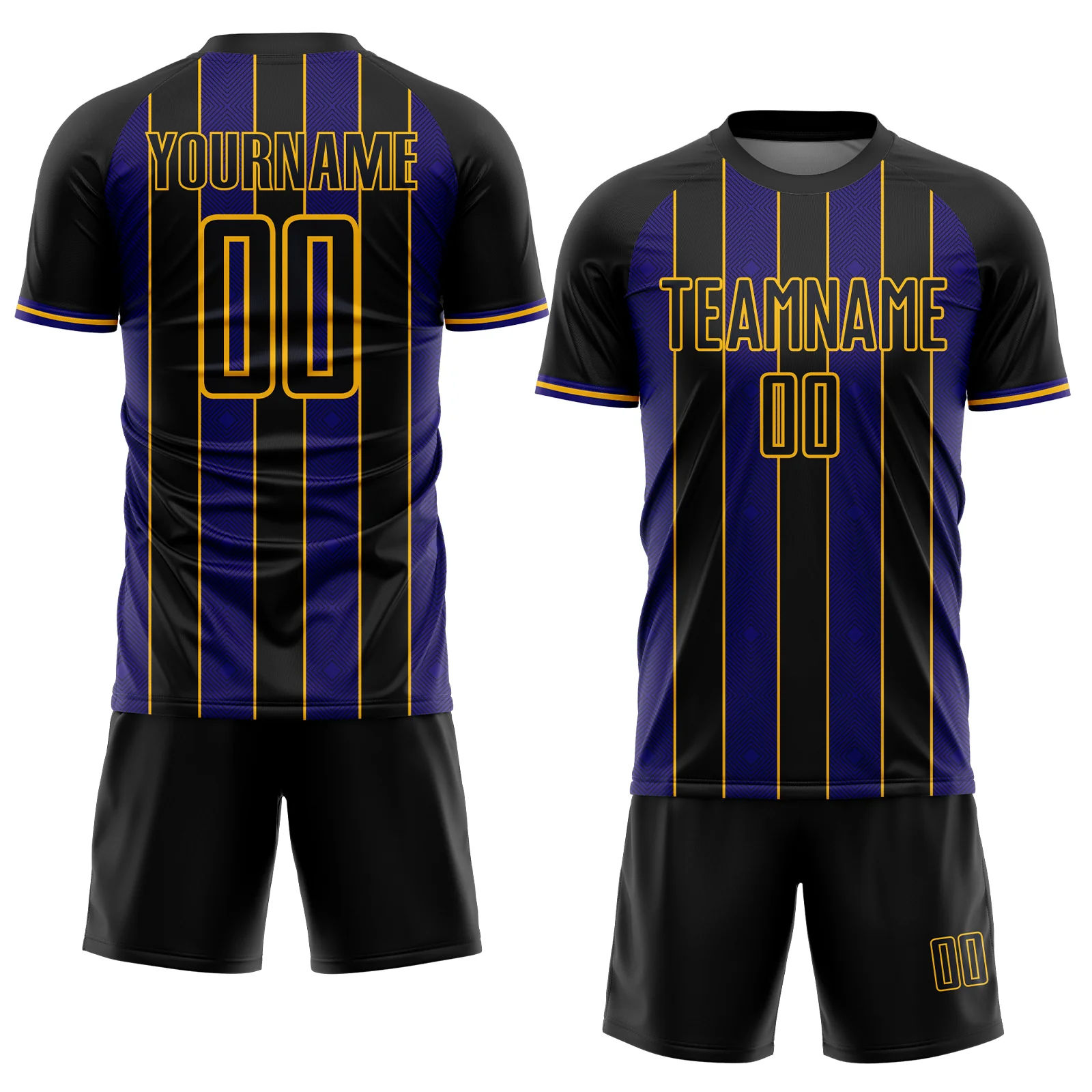 Custom Black Dark Purple-Gold Pinstripe Line Sports Sublimation Soccer Uniform Jersey - Image 2