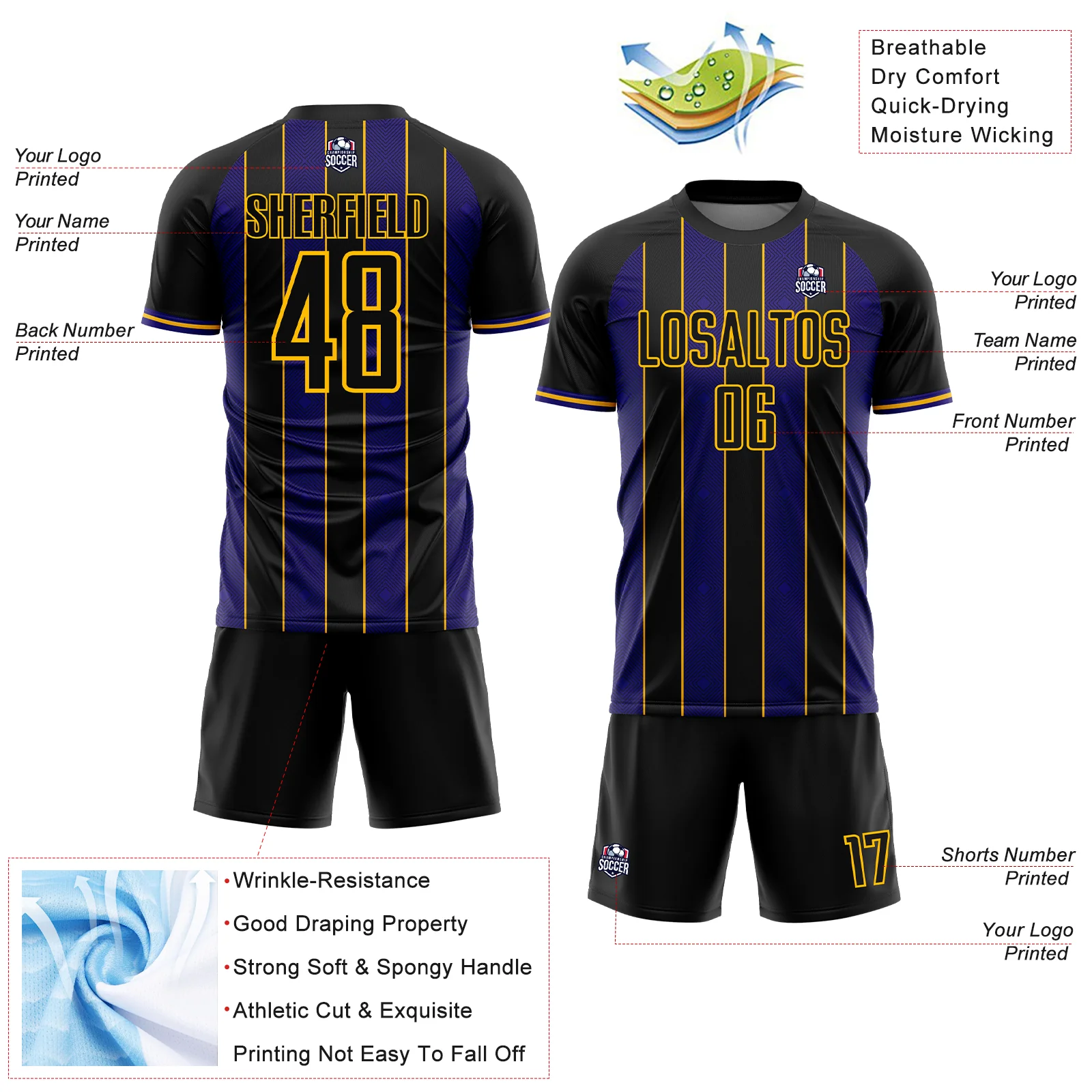 Custom Black Dark Purple-Gold Pinstripe Line Sports Sublimation Soccer Uniform Jersey - Image 4