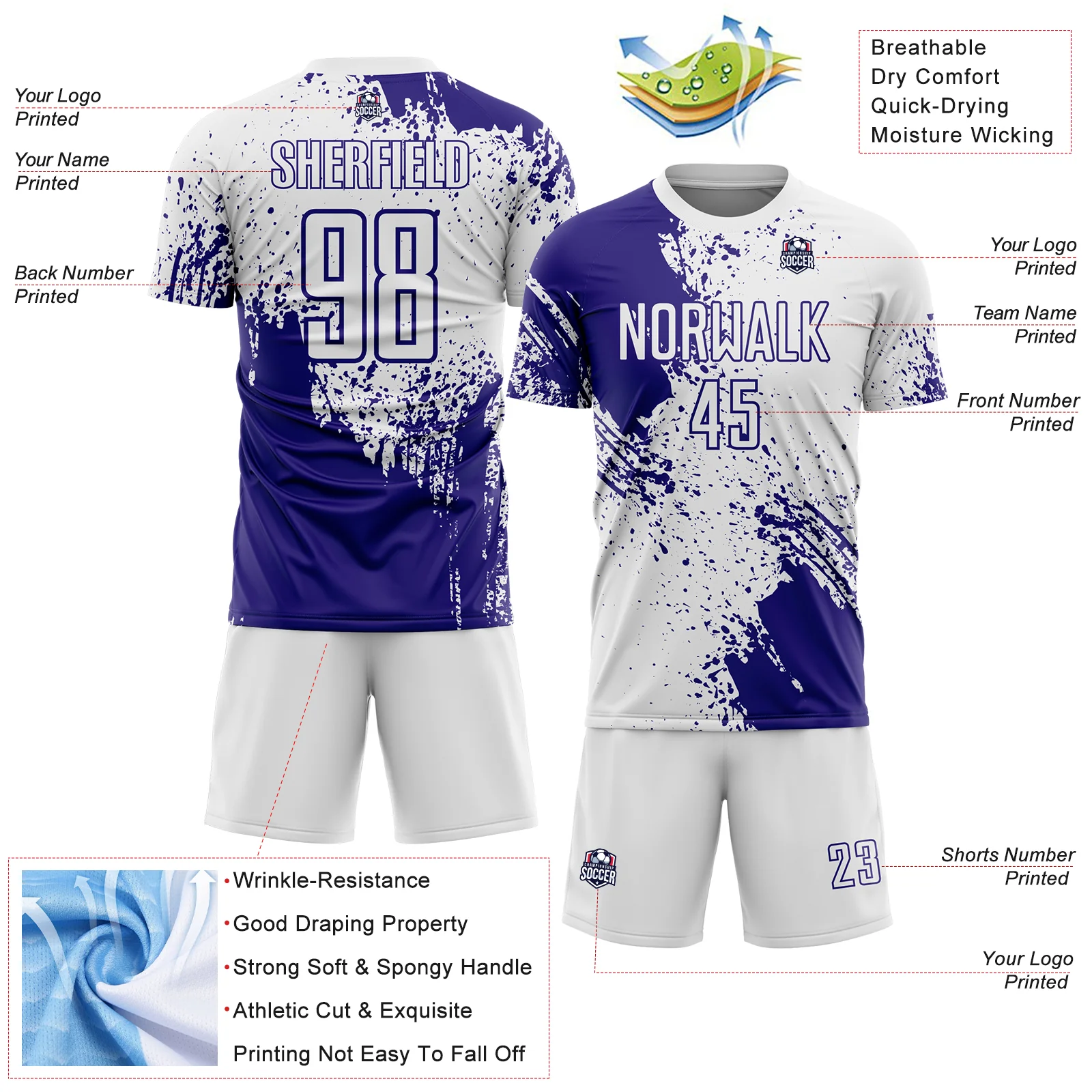 Custom White Dark Purple Abstract Brush Stroke Sports Sublimation Soccer Uniform Jersey - Image 4