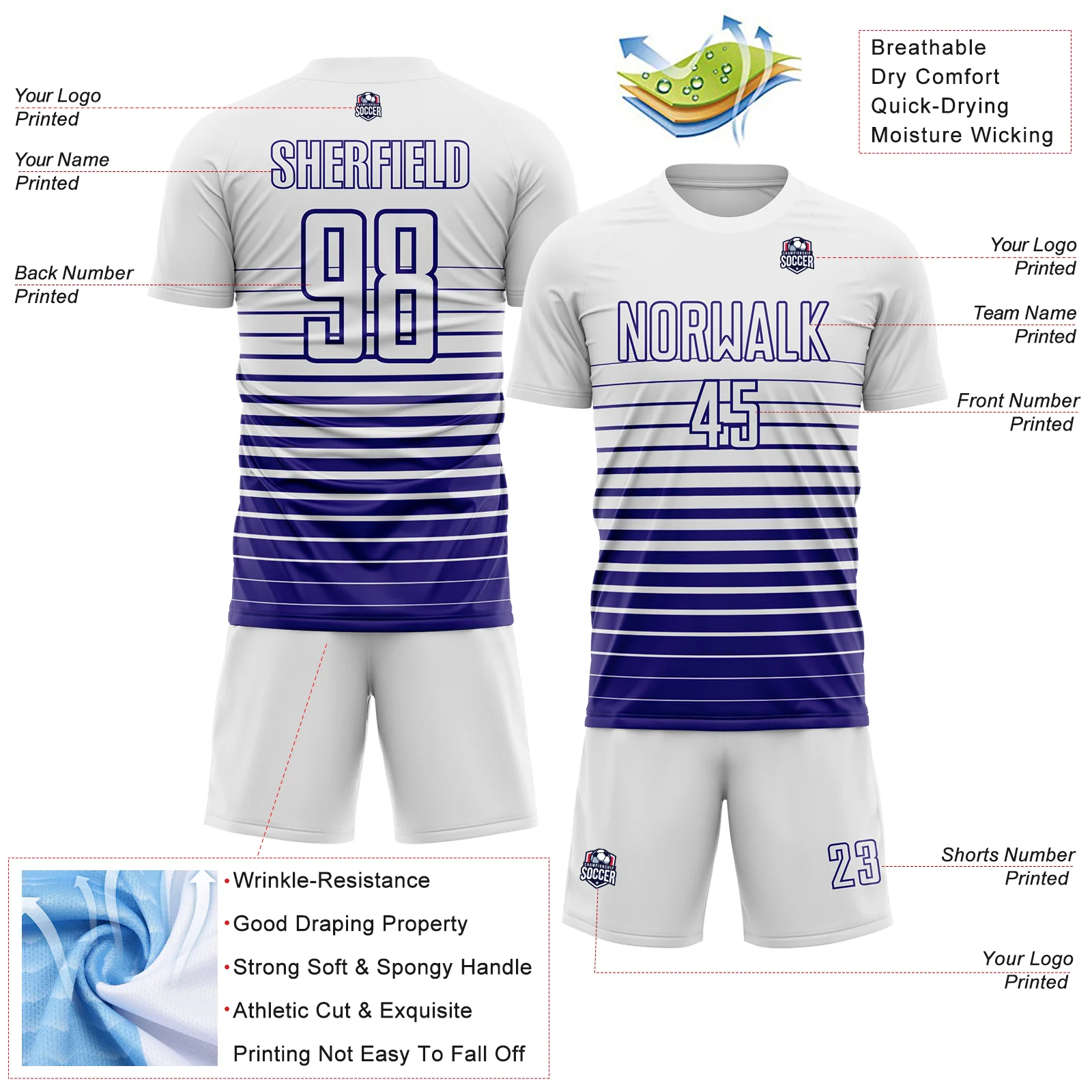 Custom White Dark Purple Gradient Pinstripe Sublimation Soccer Uniform Jersey - Image 4