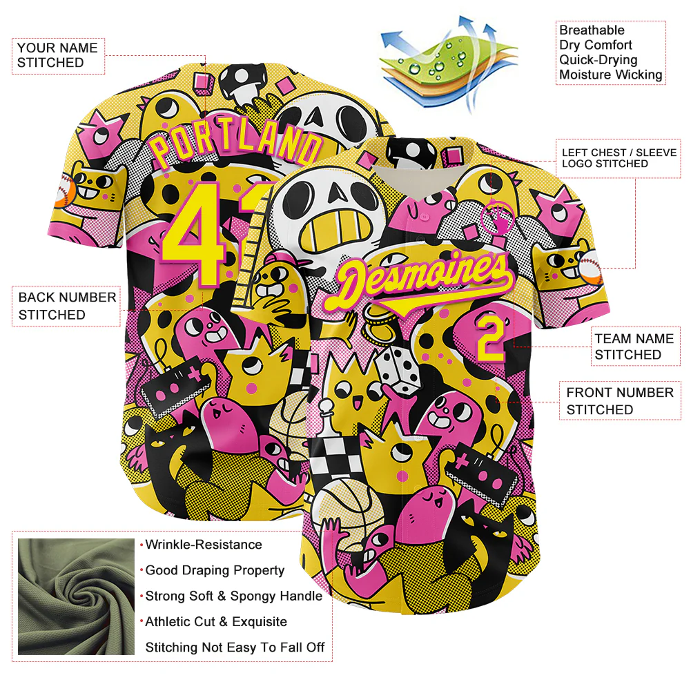 Custom Black Light Yellow-Deep Pink 3D Geo Law Play Time Authentic Baseball Jersey - Image 3