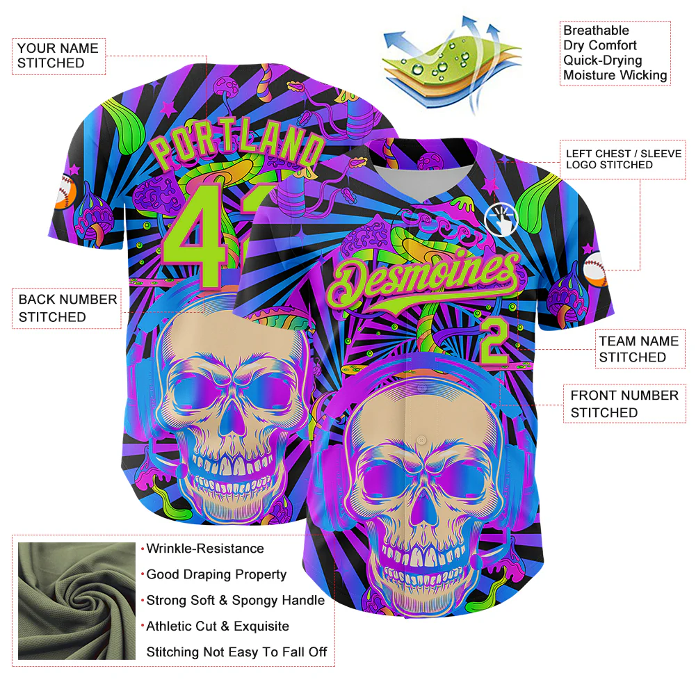 Custom Purple Neon Green-Deep Pink 3D Pattern Design Trippy Magic Mushrooms Skull Authentic Baseball Jersey - Image 3