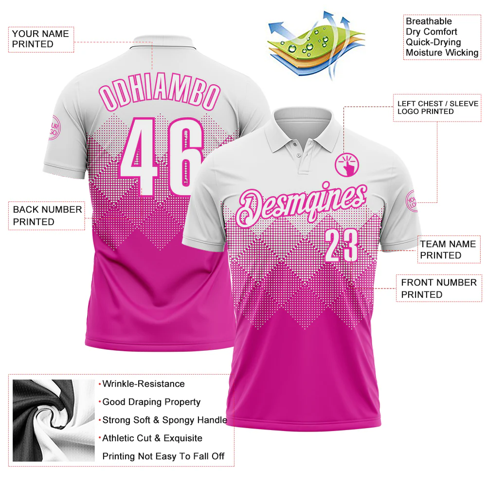 Custom White Deep Pink 3D Pattern Design Gradient Square Shape Performance Polo Shirt - Image 3