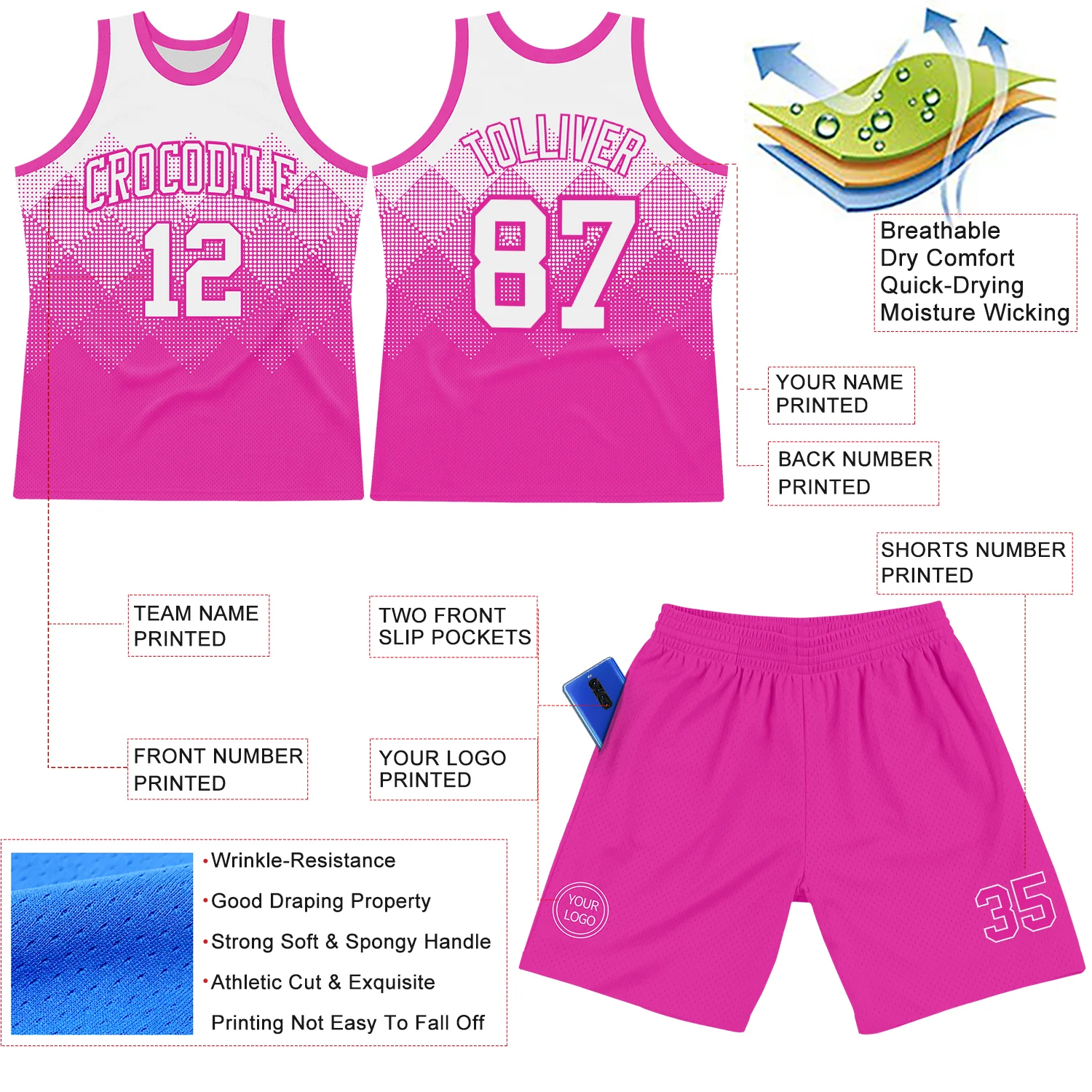 Custom White Deep Pink Gradient Square Shapes Round Neck Sublimation Basketball Suit Jersey - Image 3