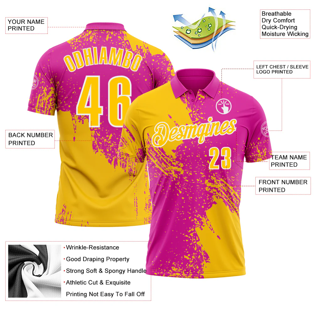 Custom Yellow Deep Pink-White 3D Pattern Design Abstract Brush Stroke Performance Polo Shirt - Image 3