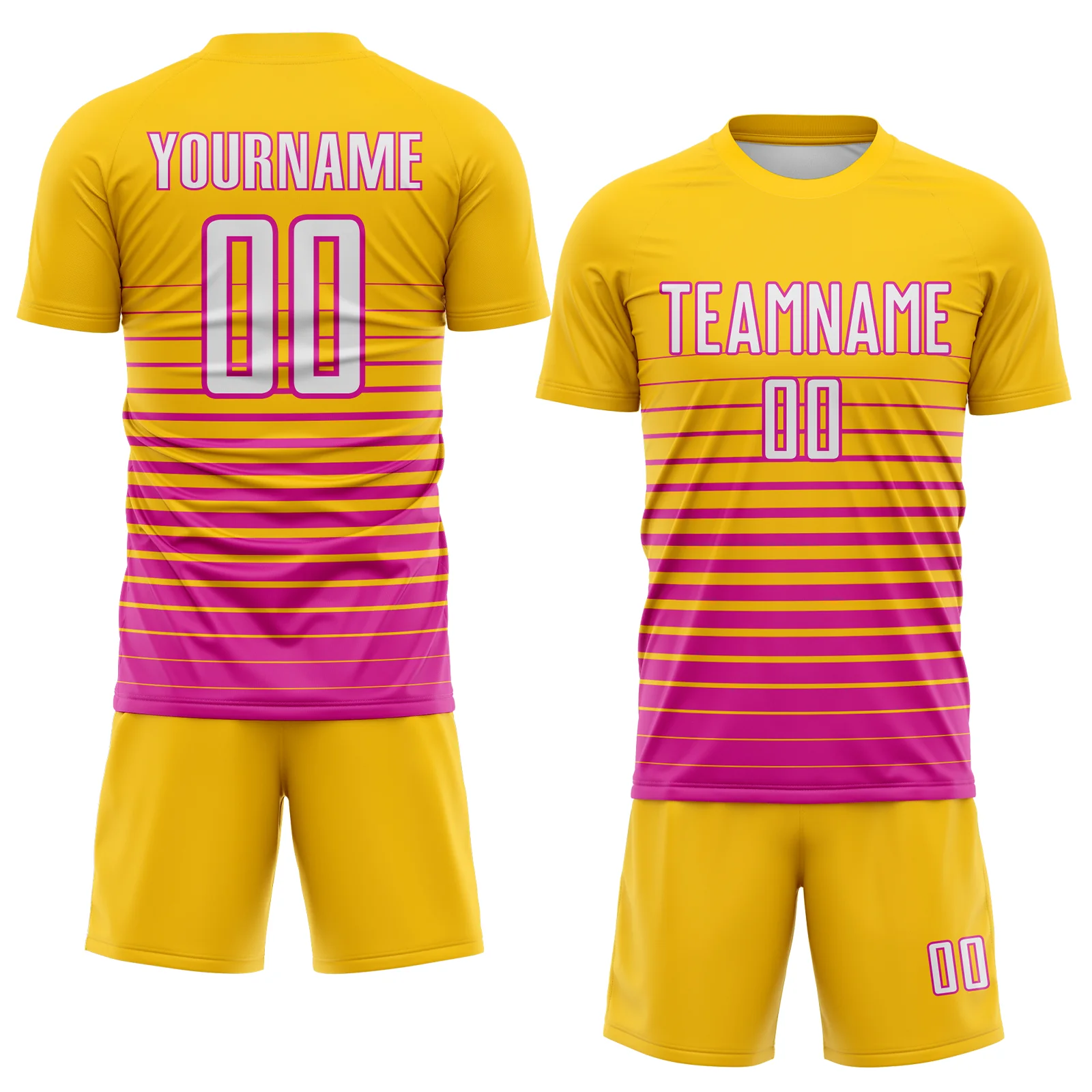 Custom Yellow White-Deep Pink Gradient Pinstripe Sublimation Soccer Uniform Jersey - Image 2