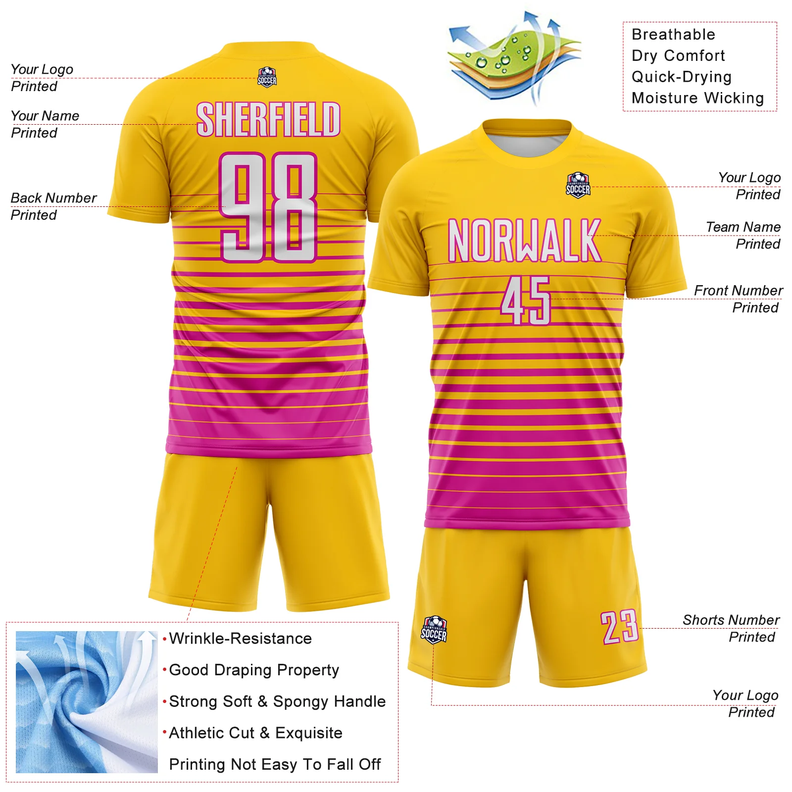 Custom Yellow White-Deep Pink Gradient Pinstripe Sublimation Soccer Uniform Jersey - Image 4