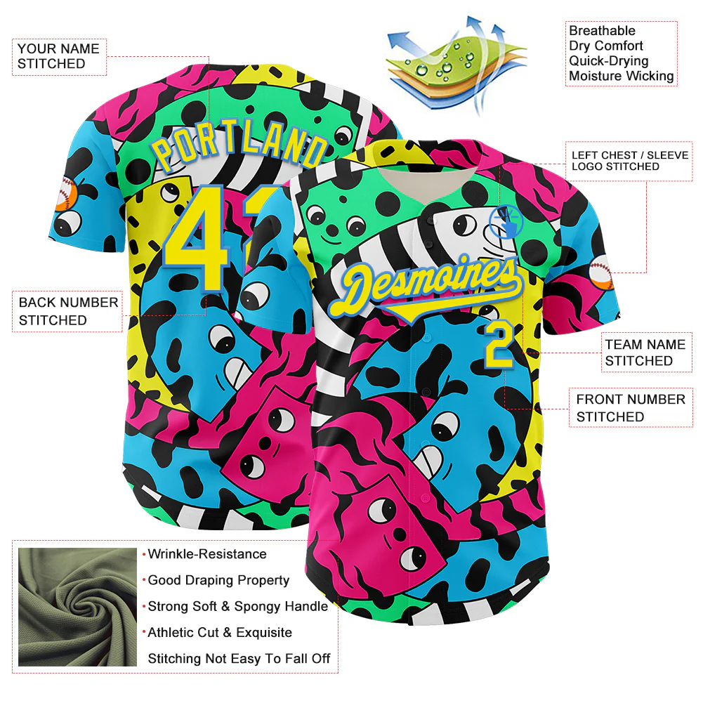 Custom Black Light Yellow-Electric Blue 3D Geo Law Curly Friends Authentic Baseball Jersey - Image 3