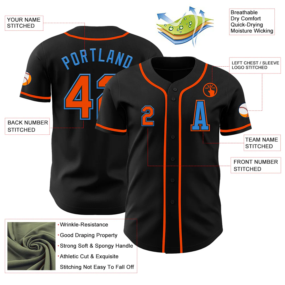 Custom Black Orange-Electric Blue Authentic Baseball Jersey - Image 2