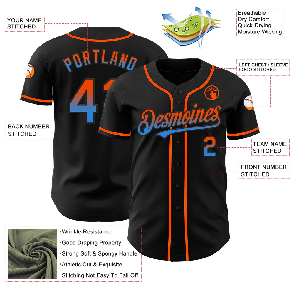 Custom Black Orange-Electric Blue Authentic Fade Fashion Baseball Jersey - Image 3