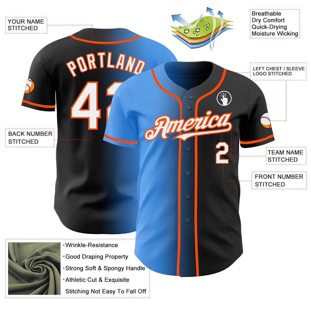 Custom Black White Electric Blue-Orange Authentic Gradient Fashion Baseball Jersey - Image 3