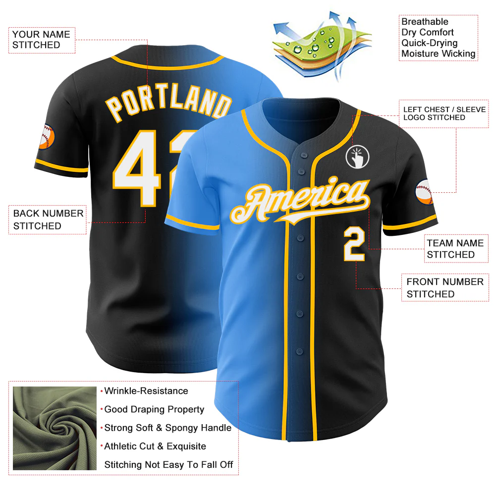 Custom Black White Electric Blue-Gold Authentic Gradient Fashion Baseball Jersey - Image 3