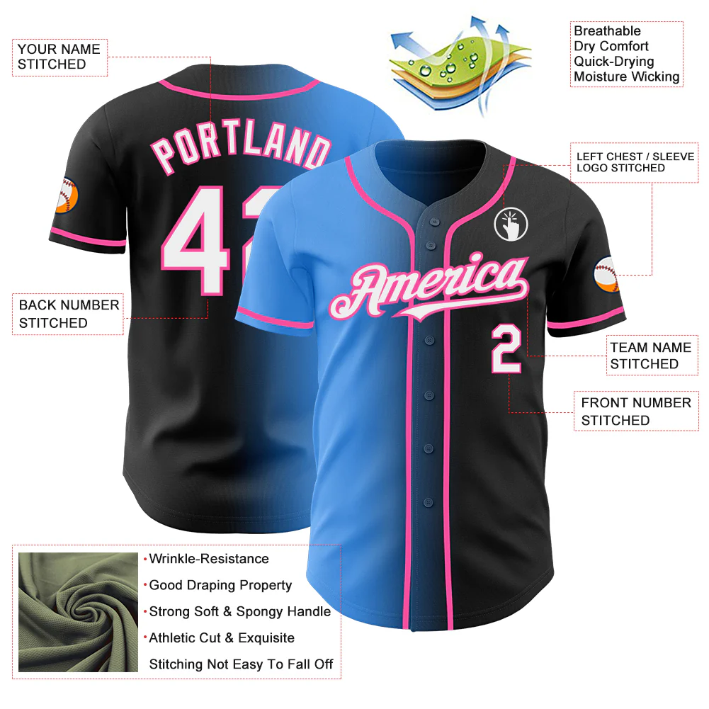 Custom Black White Electric Blue-Pink Authentic Gradient Fashion Baseball Jersey - Image 3