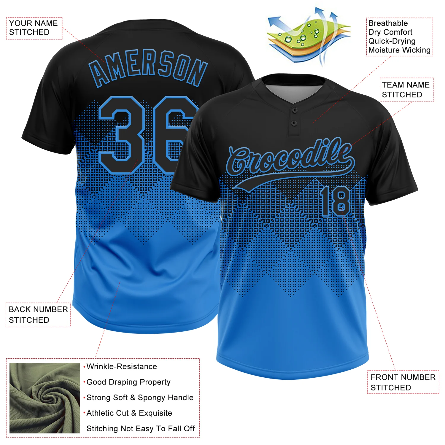 Custom Black Electric Blue 3D Gradient Square Shape Two-Button Unisex Softball Jersey - Image 3