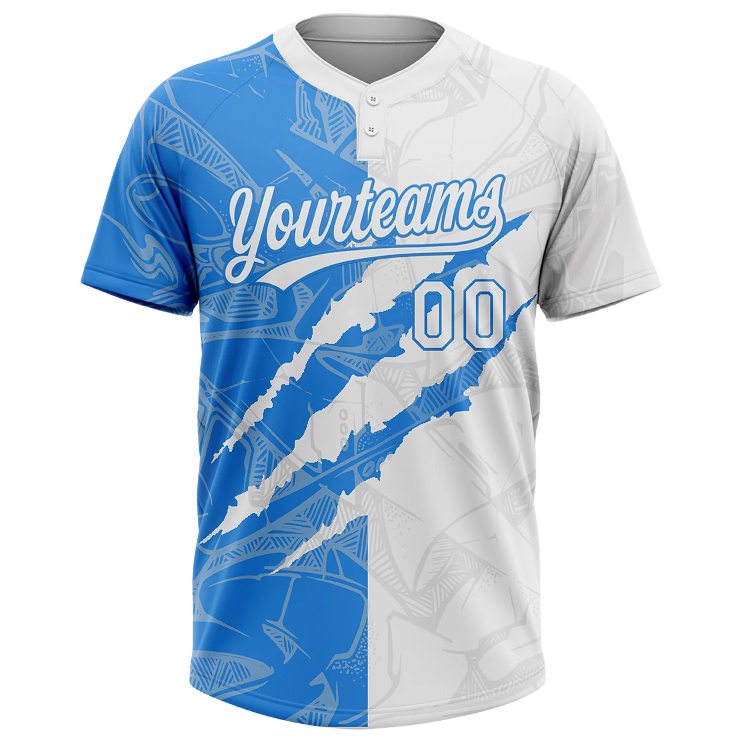 Custom Graffiti Pattern White-Electric Blue 3D Scratch Two-Button Unisex Softball Jersey - Image 2