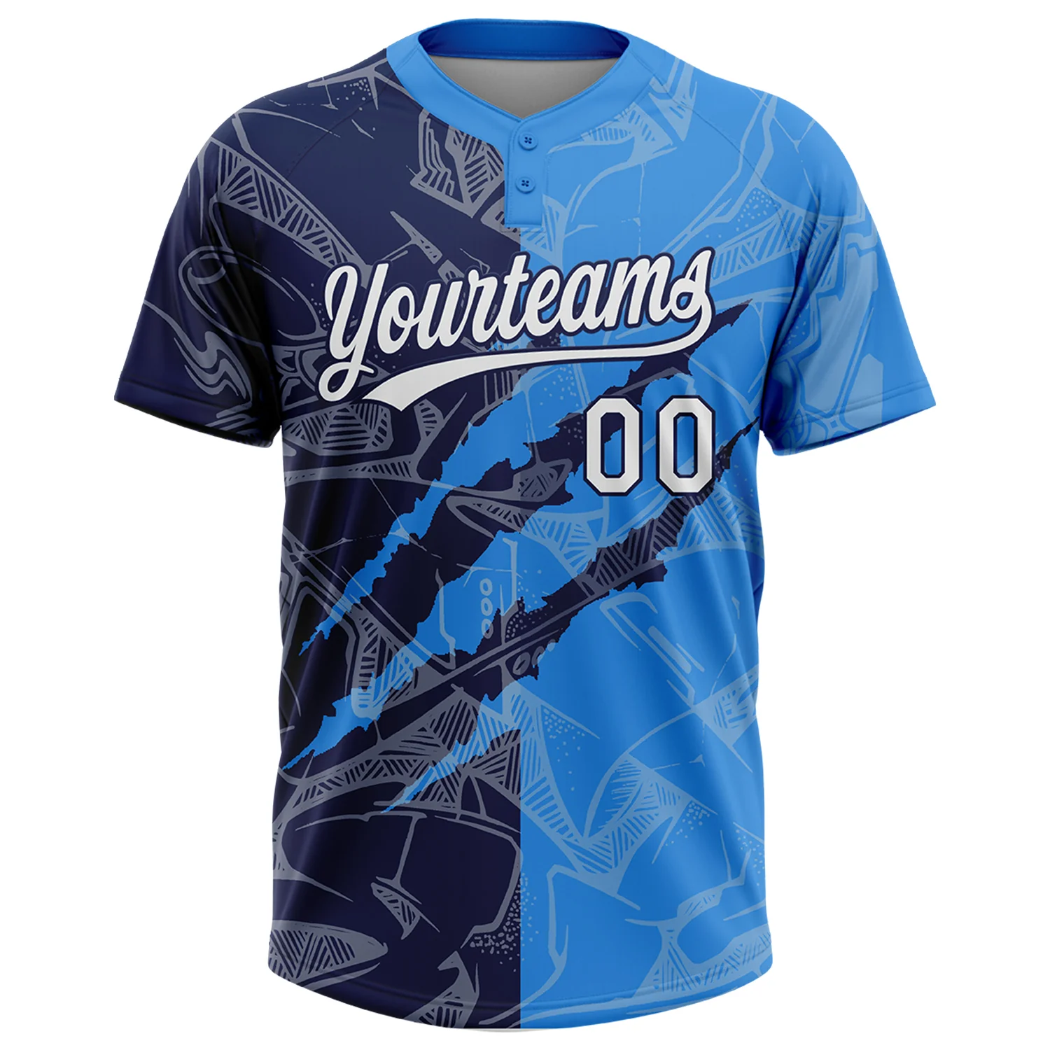 Custom Graffiti Pattern White Electric Blue-Navy 3D Scratch Two-Button Unisex Softball Jersey - Image 2