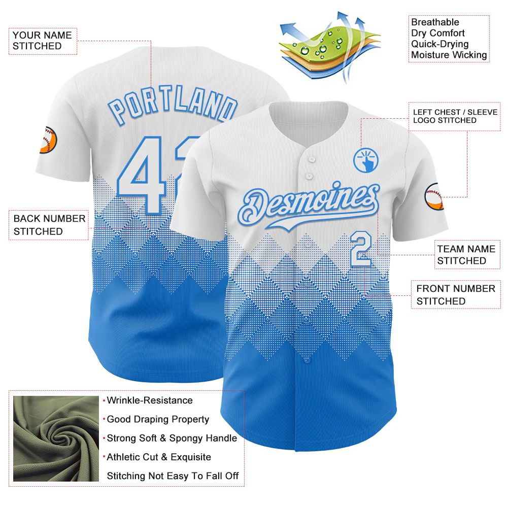 Custom White Electric Blue 3D Gradient Square Shape Authentic Baseball Jersey - Image 3