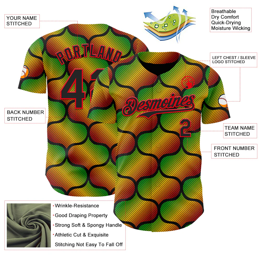 Custom Black Fire Red Green-Yellow 3D Pattern Design Black History Month Gradient African Ethnicity Style Authentic Baseball Jersey - Image 3