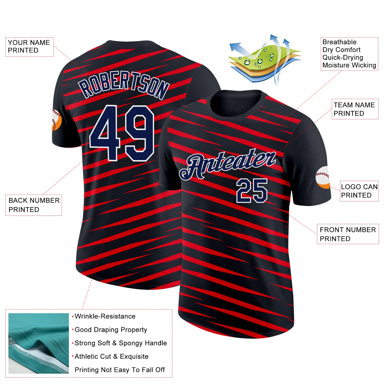 Custom Black Navy-Fire Red 3D Esports Performance T-Shirt - Image 2