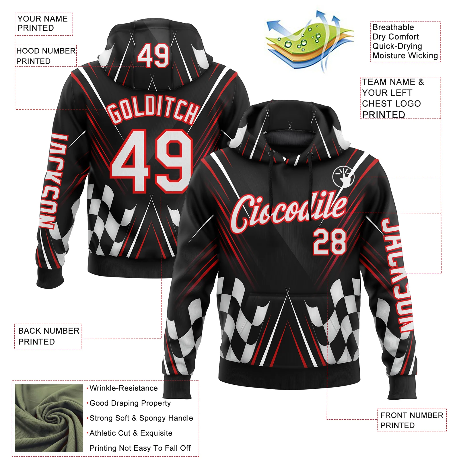 Custom Black White-Fire Red 3D Pattern Design Formula Auto Car Racing Motorsport Sports Pullover Sweatshirt Hoodie - Image 2