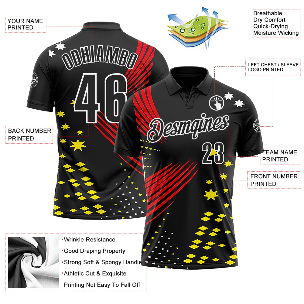 Custom Black Fire Red Light Yellow-White 3D Pattern Design Star And Geometric Shapes Performance Polo Shirt - Image 3