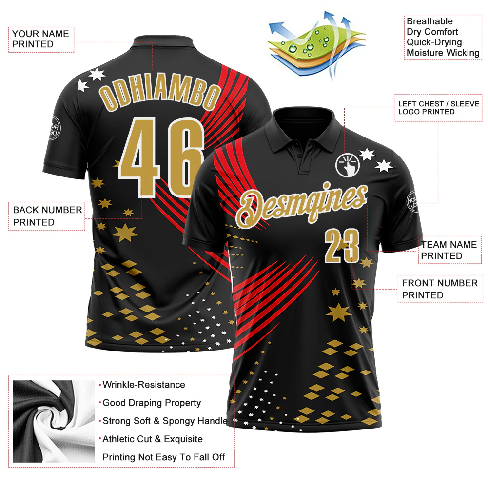 Custom Black Old Gold Fire Red-White 3D Pattern Design Star And Geometric Shapes Performance Polo Shirt - Image 3