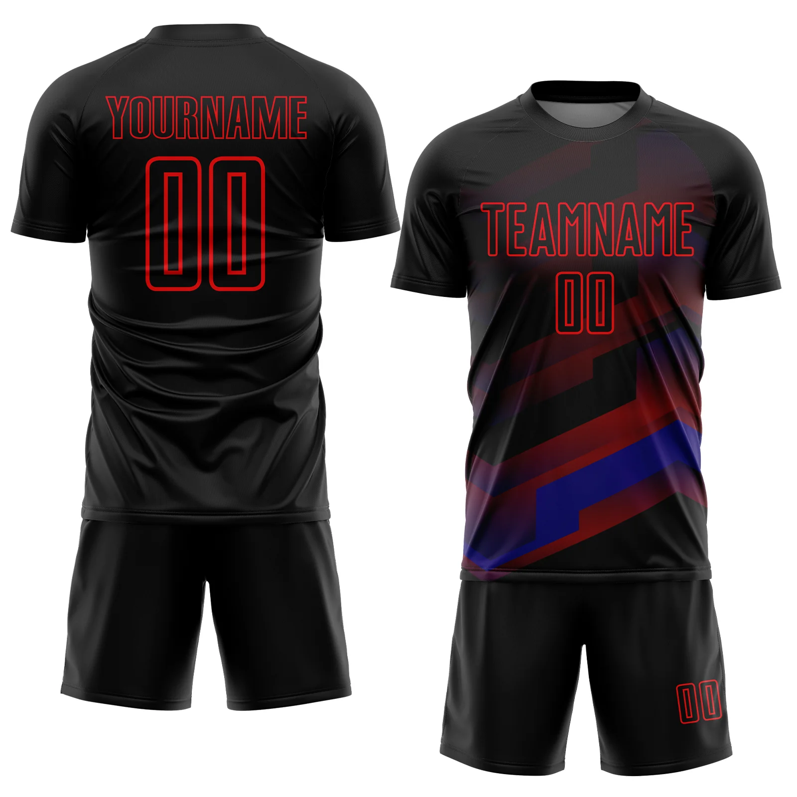 Custom Black Fire Red Gradient Arrow Geometric Shapes Sublimation Soccer Uniform Jersey - Image 2