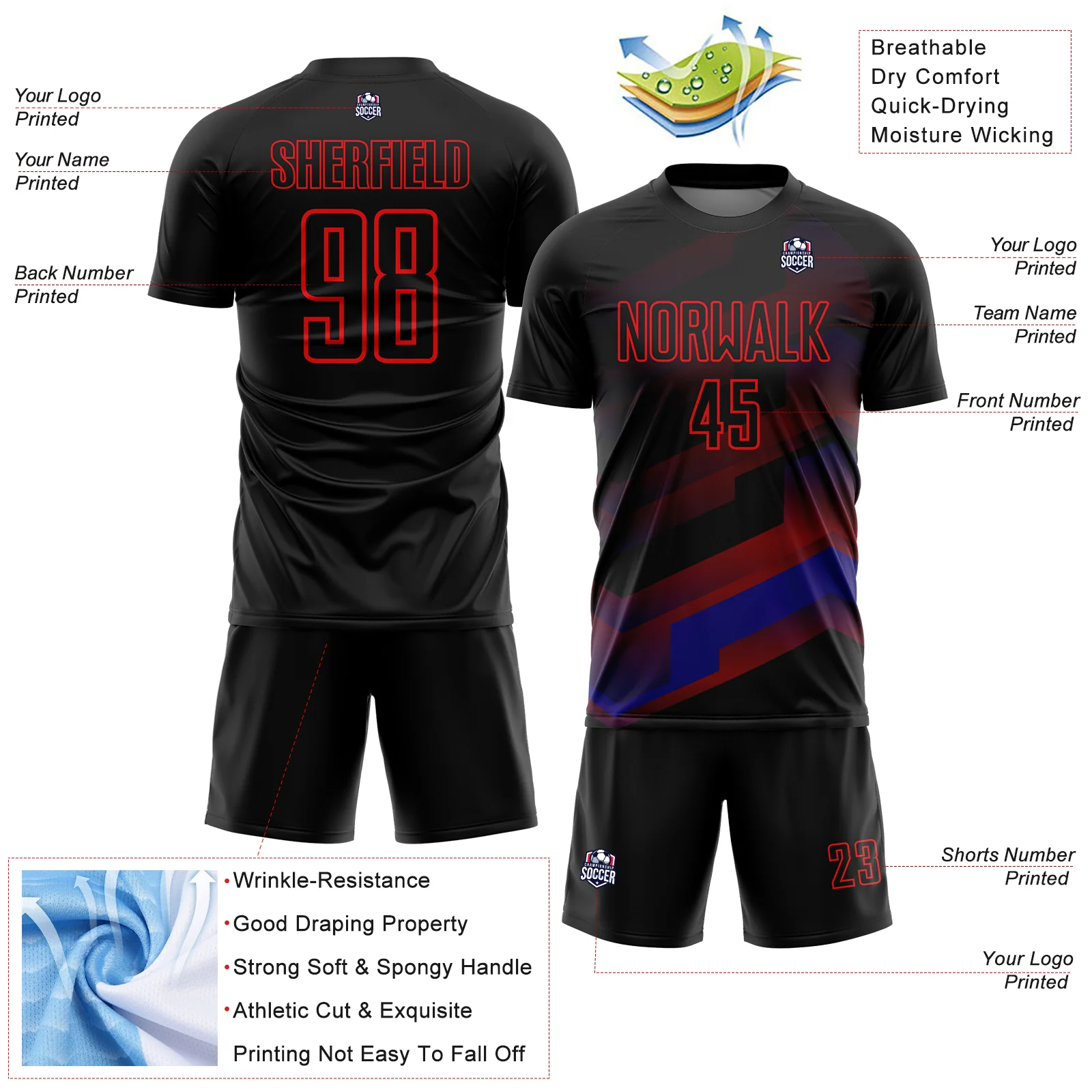 Custom Black Fire Red Gradient Arrow Geometric Shapes Sublimation Soccer Uniform Jersey - Image 4