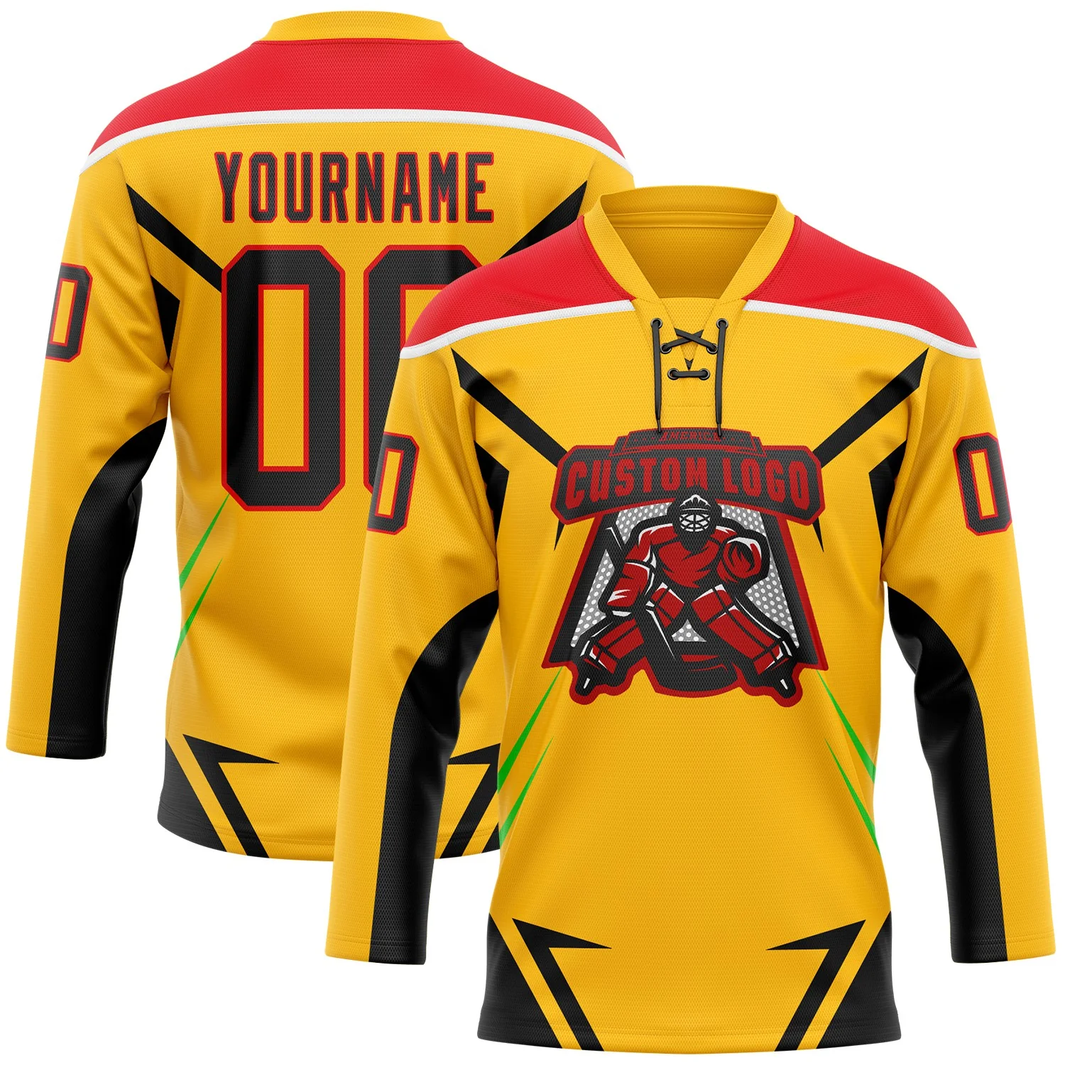 Custom Gold Black Fire Red Green-White Abstract Pattern Graphic Cyber Mecha E-sport Hockey Lace Neck Jersey - Image 2