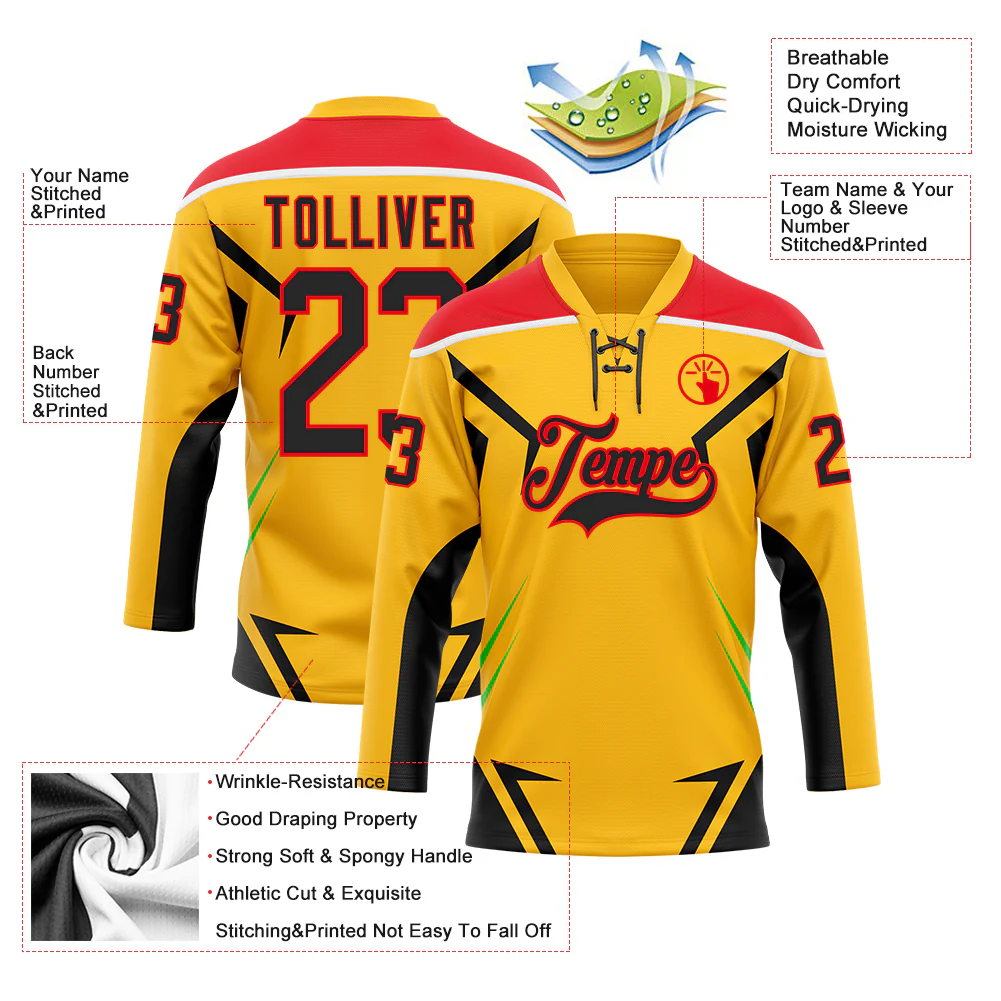 Custom Gold Black Fire Red Green-White Abstract Pattern Graphic Cyber Mecha E-sport Hockey Lace Neck Jersey - Image 5