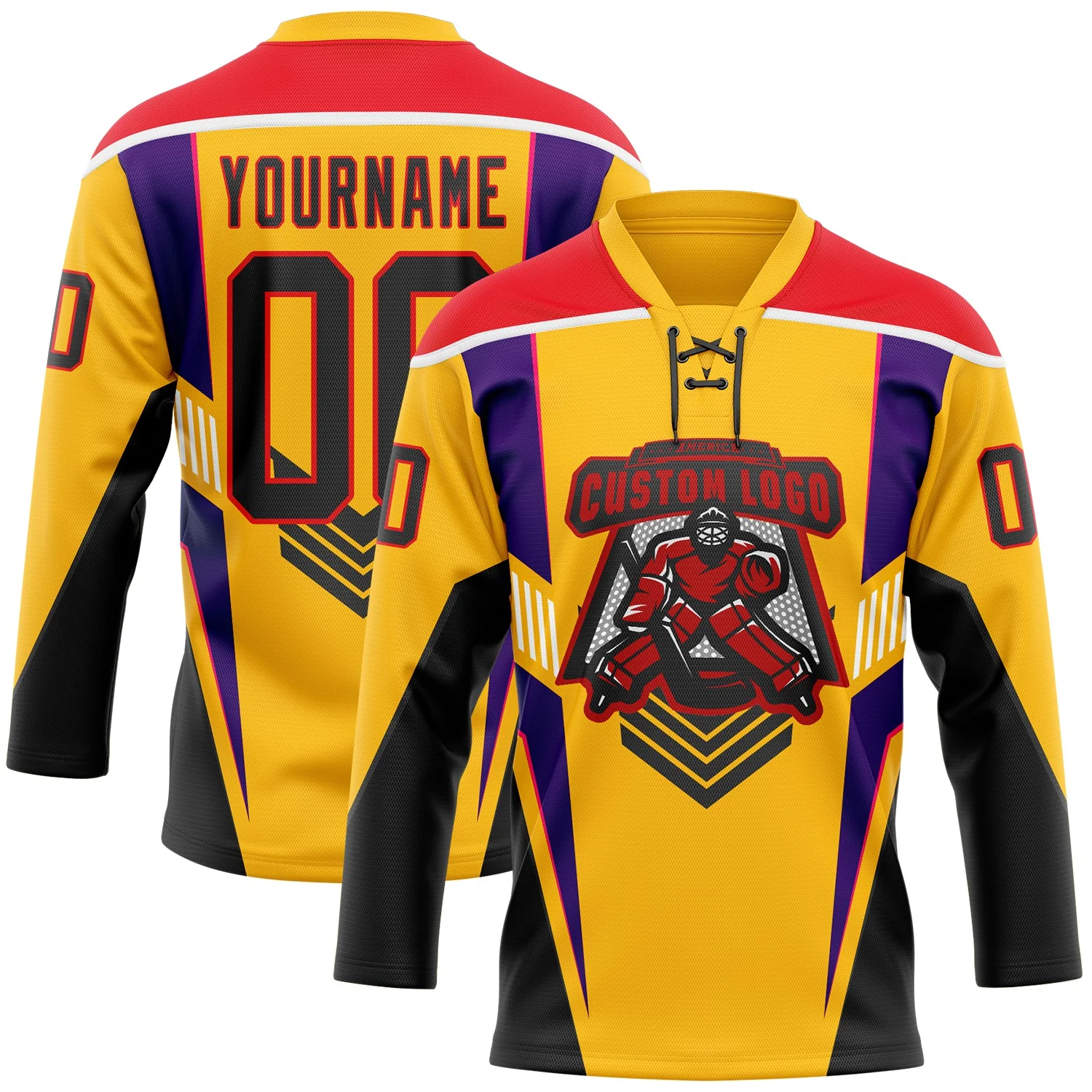 Custom Gold Black Fire Red Purple-White Abstract Pattern Graphic Cyber Mecha E-sport Hockey Lace Neck Jersey - Image 2