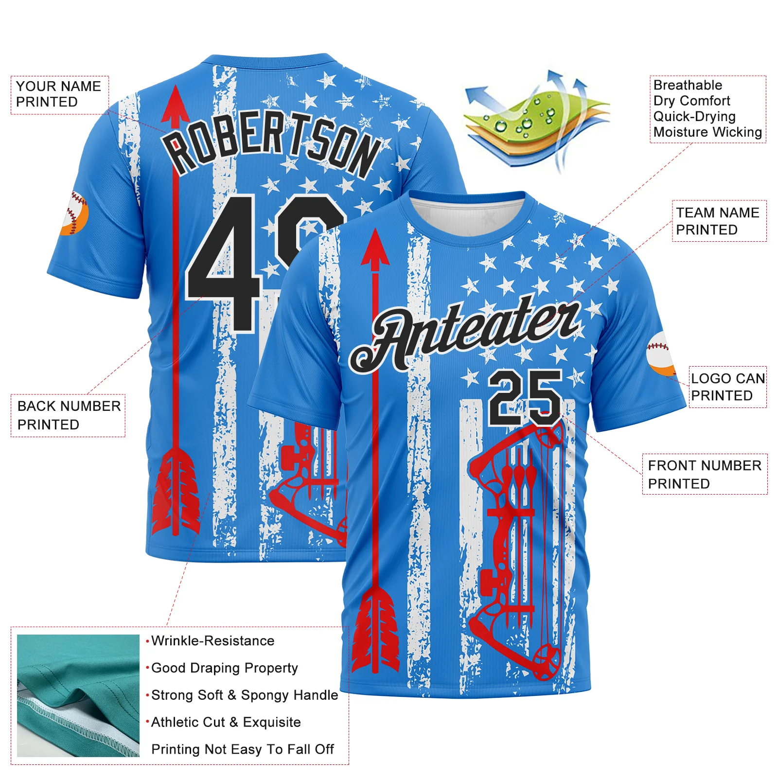 Custom Powder Blue Black Fire Red-White 3D Pattern Design Arrow Archery Bow Target American Flag Performance T-Shirt - Image 2