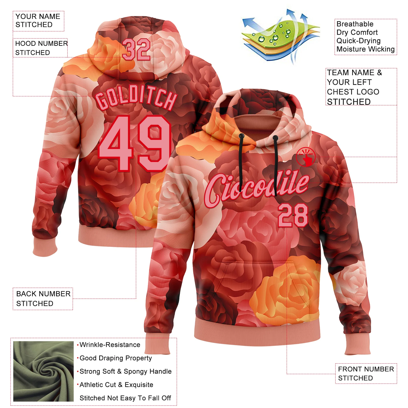 Custom Stitched Red Medium Pink-Fire Red 3D Ambartive Rose Pattern Sports Pullover Sweatshirt Hoodie - Image 2