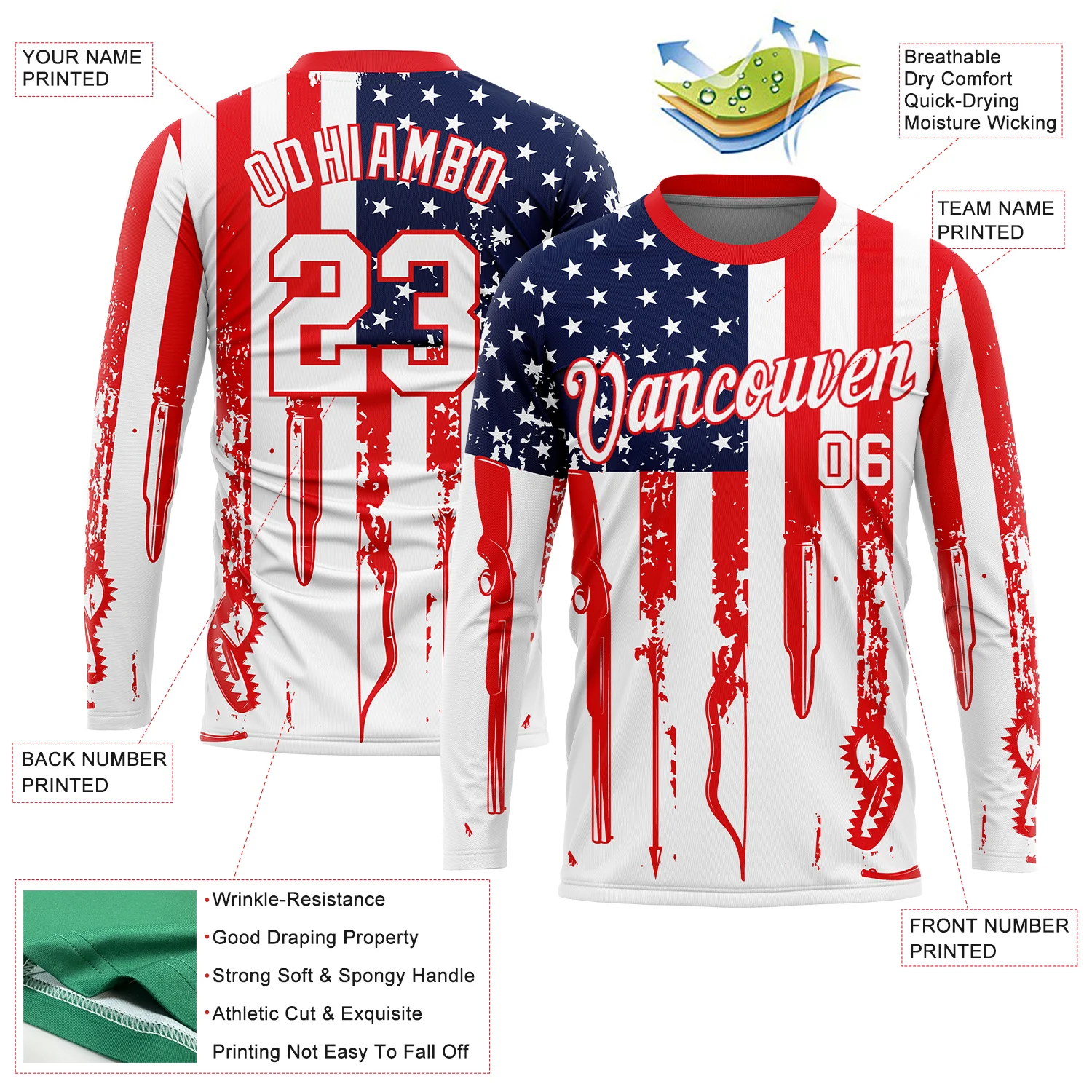 Custom White Fire Red-Royal 3D Hunting Tool American Flag Long Sleeve Performance T-Shirt - Image 2