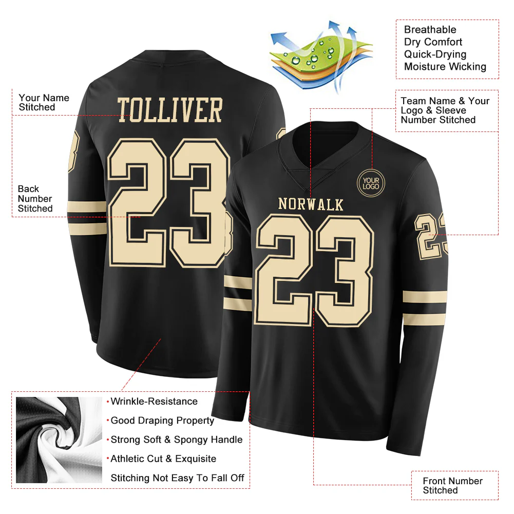 Custom Black Cream Long Sleeve Authentic Football Jersey - Image 2
