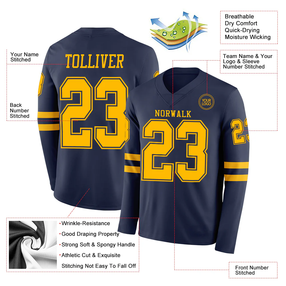 Custom Navy Gold Long Sleeve Authentic Football Jersey - Image 2