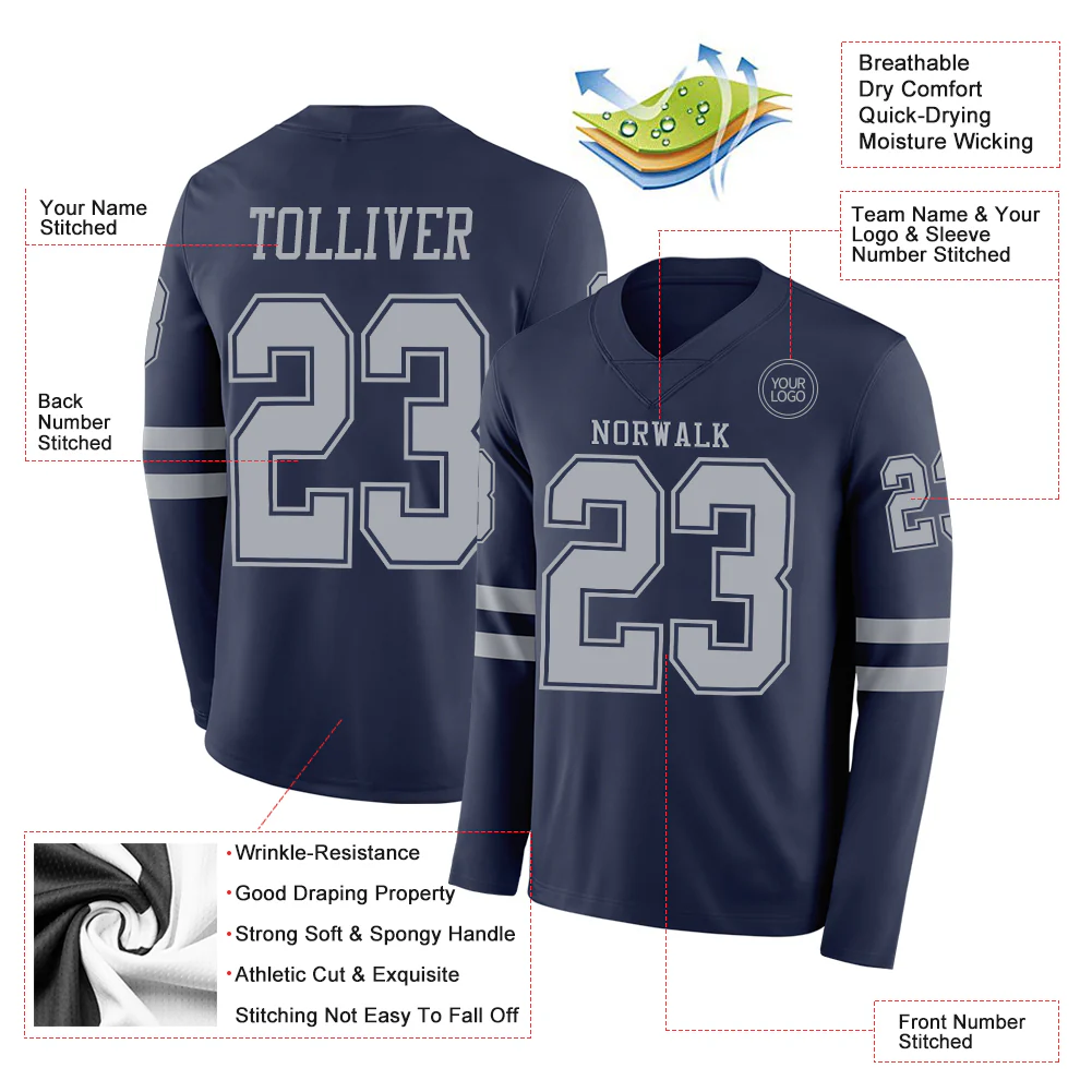 Custom Navy Gray Long Sleeve Authentic Football Jersey - Image 2