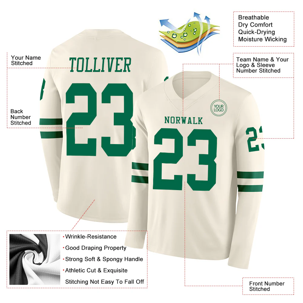 Custom Cream Kelly Green Long Sleeve Authentic Football Jersey - Image 2