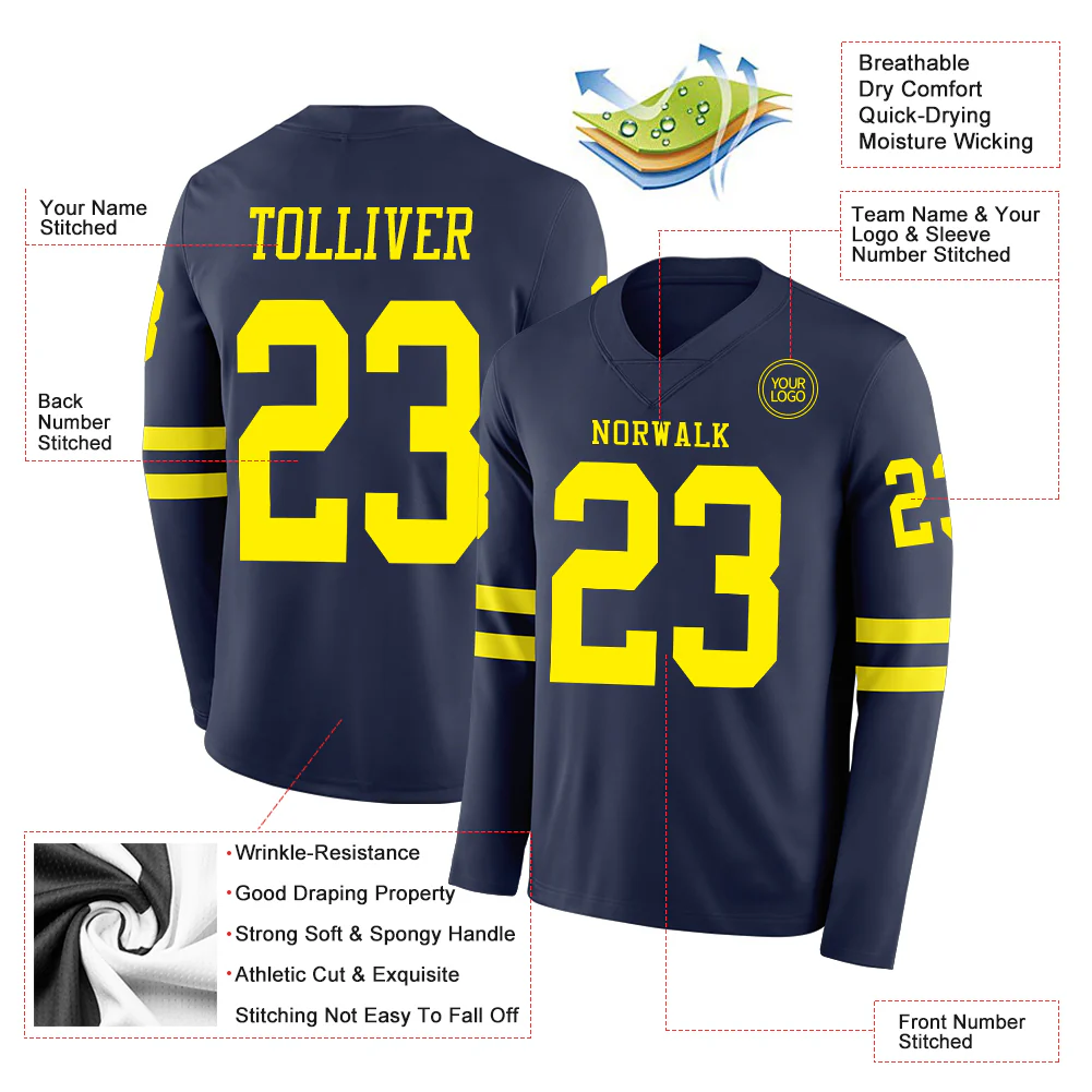 Custom Navy Light Yellow Long Sleeve Authentic Football Jersey - Image 2