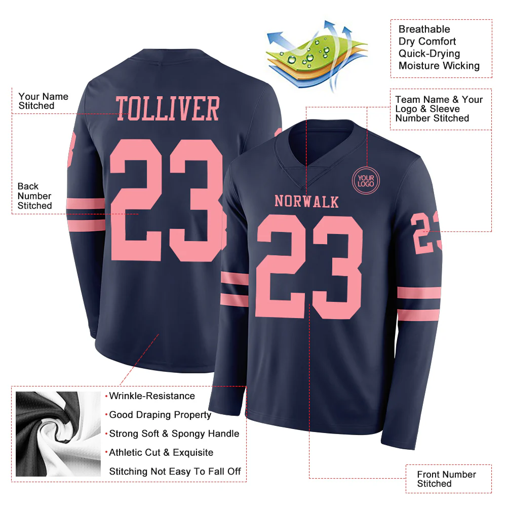 Custom Navy Medium Pink Long Sleeve Authentic Football Jersey - Image 2
