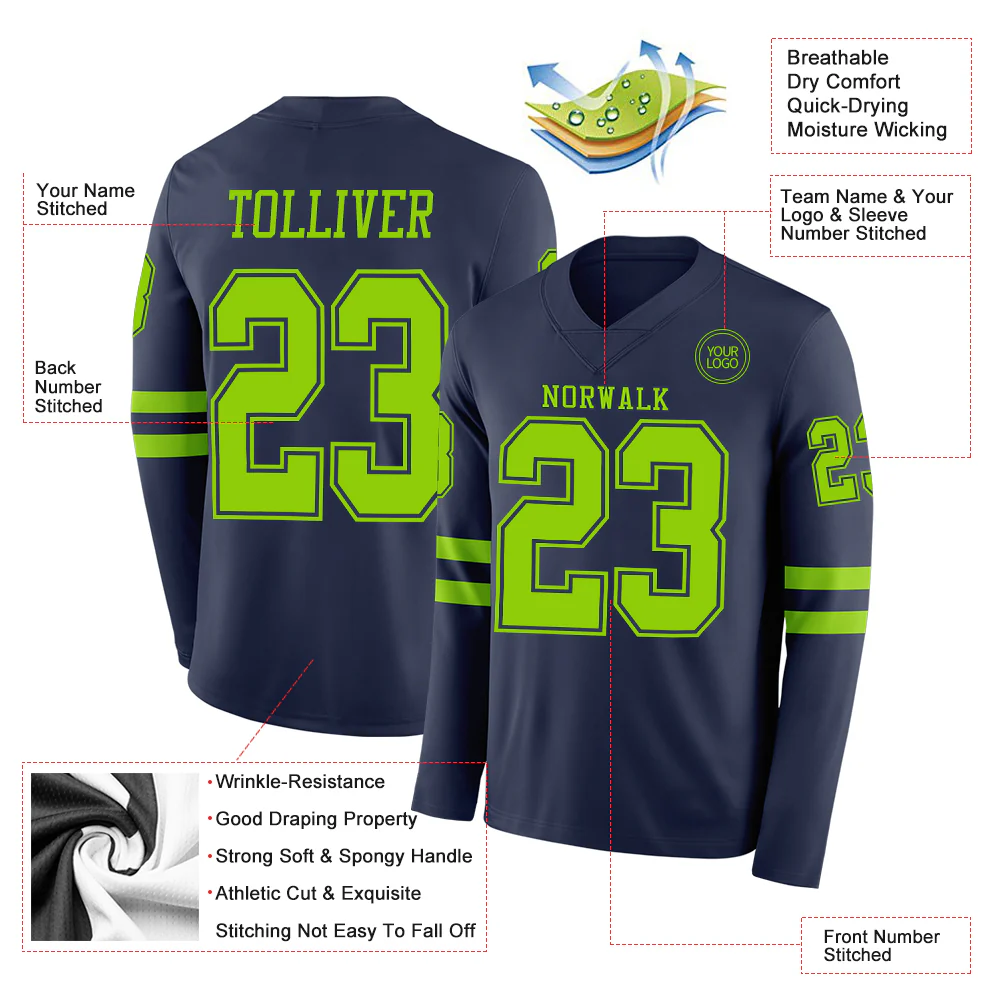 Custom Navy Neon Green Long Sleeve Authentic Football Jersey - Image 2