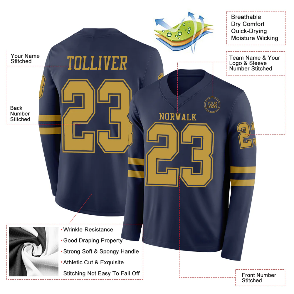 Custom Navy Old Gold Long Sleeve Authentic Football Jersey - Image 2
