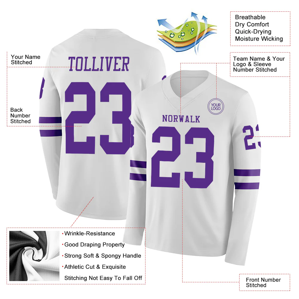 Custom White Purple Long Sleeve Authentic Football Jersey - Image 2